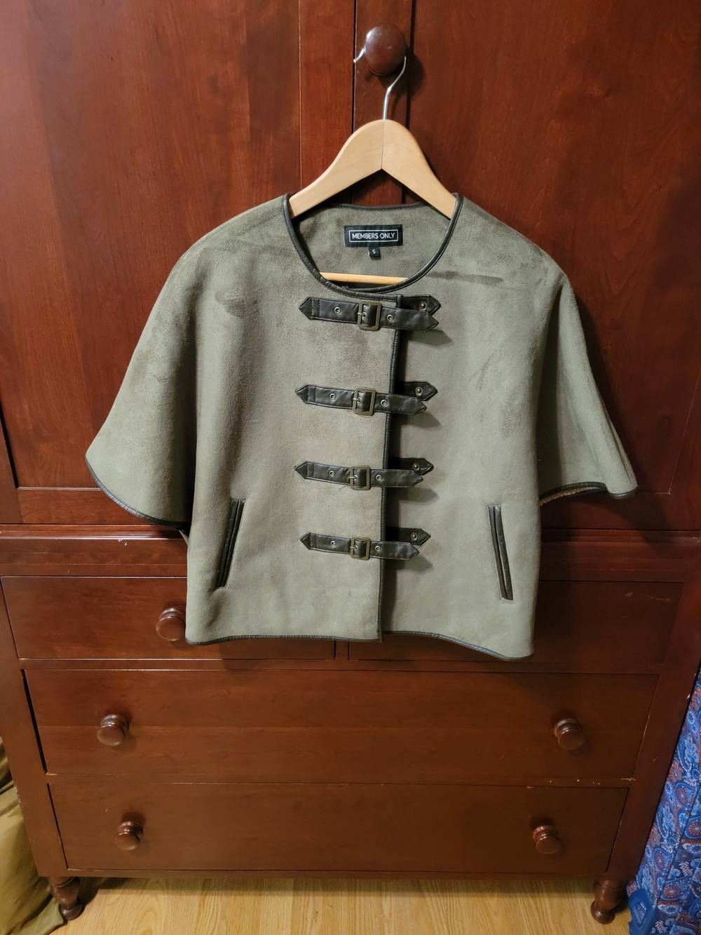 Members Only Olive Green Suede-Look Buckle Cape